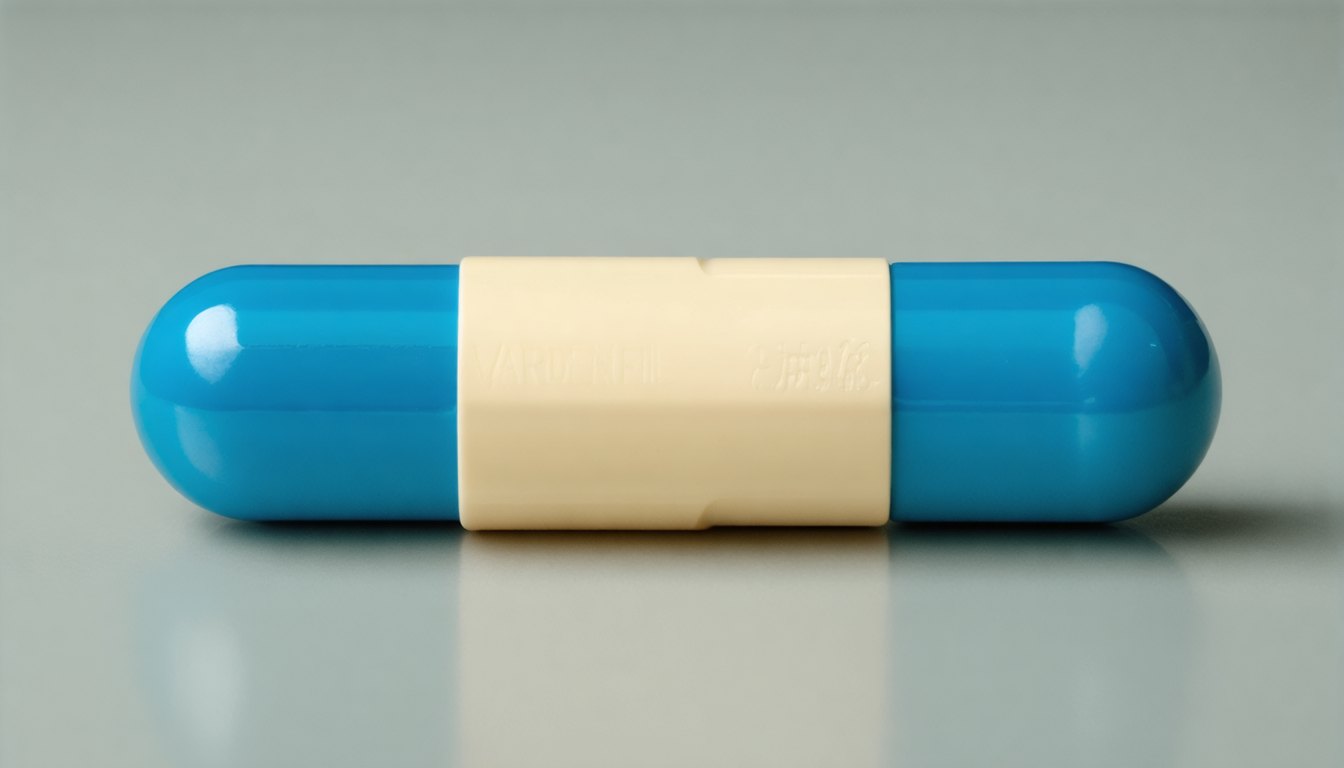 Blister pack of vardenafil tablets with a glass of water on a bedside table, concept of erectile dysfunction treatment